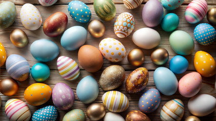 Fototapeta premium Colorful decorated Easter eggs on a wooden surface for festive celebrations