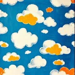 A blue background with white and orange clouds