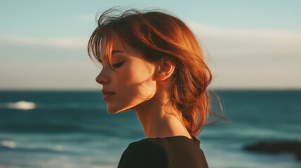 Young Woman with Ocean Breeze Background
