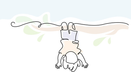 Happy little child hanging upside down on tree branch. Continuous one line drawing © Valenty