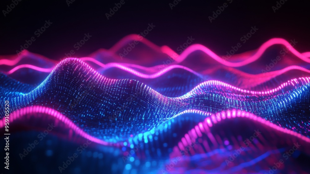 Poster a digital concept of neon electric waves intersecting over a dark background, representing wireless 