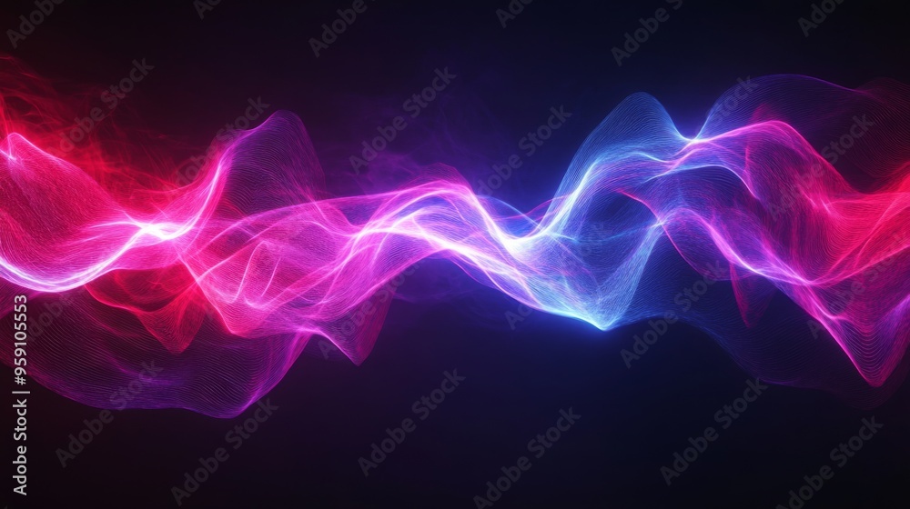 Poster a digital concept of neon electric waves intersecting over a dark background, representing wireless 