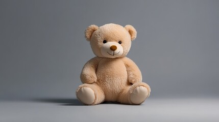 Obraz premium A plush teddy bear with a sweet smile sits on a simple gray background, symbolizing childhood innocence, comfort, friendship, love, and nostalgia.