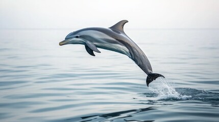 Fototapeta premium A dolphin performing a high jump and spin above the water, with a backdrop of a serene ocean and distant horizon.