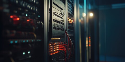 Obraz premium Close-Up of Server Racks in Low Light