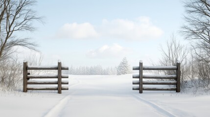 A rustic wooden gate stands open, inviting you into a winter wonderland.  The snow-covered forest beyond suggests a quiet and peaceful retreat, while the tracks in the snow hint at the presence of lif