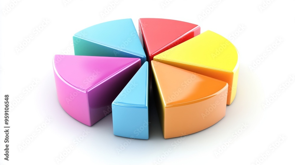 Aufkleber A dynamic 3D pie chart with segments in various bright colors, each section floating slightly above a white surface, symbolizing data analysis and statistics.