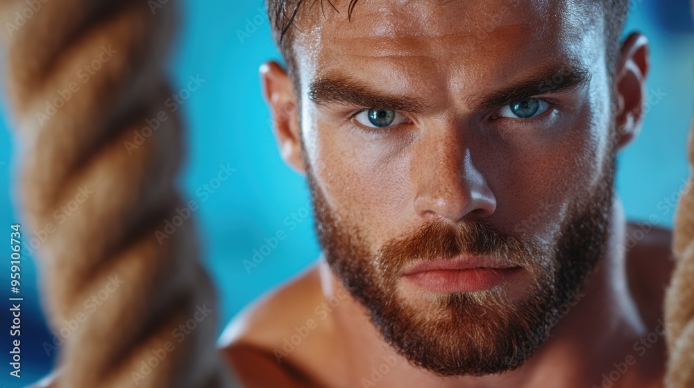 Poster a man with a beard and no shirt posing in front of ropes, ai