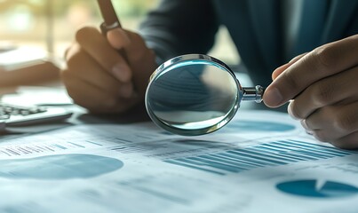 Close-up of a Hand Holding a Magnifying Glass Over Financial Documents