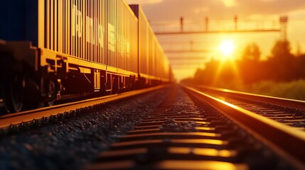 Obraz premium A stunning sunset view along the railway, featuring freight containers and tracks glistening in warm golden light.
