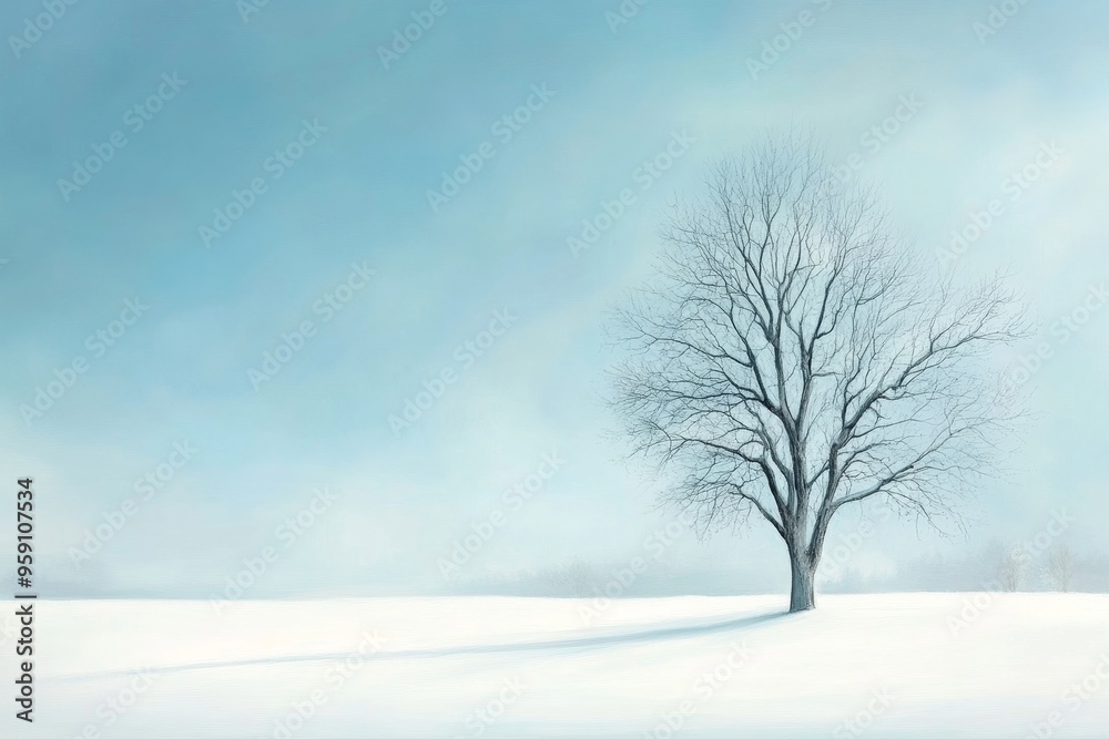 Wall mural a single, bare-branched tree stands tall in a vast expanse of pristine, snow-covered ground, symboli