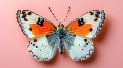 Obraz premium A vibrant butterfly resting gracefully on a soft pink background