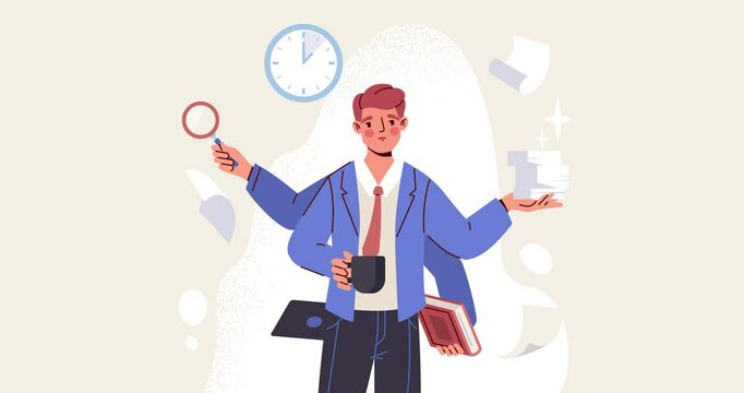 Multitasking and burnout at work. Moving banner with tired sad male entrepreneur with several hands holding business documents, laptop and folders. Overworked office employee. Flat animated graphics