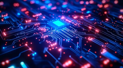 Fototapeta premium A close up of a circuit board with red and blue lights