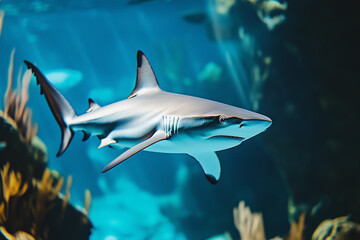 Obraz premium Ocean shark bottom view from below. Open toothy dangerous mouth with many teeth. Underwater blue sea waves clear water shark swims forward