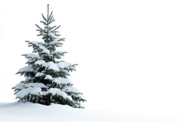 Fototapeta premium A single snow-covered Christmas tree stands tall against a pristine white background. Its branches are laden with fresh snow, creating a festive and serene winter scene. The image evokes a sense of tr