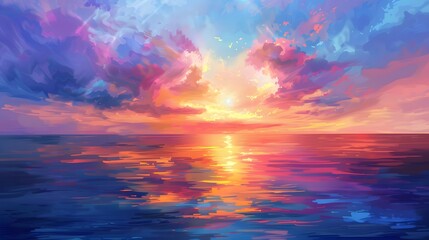 Obraz premium Sunset Over the Ocean: A breathtaking sunset over the ocean, with the sky painted in vibrant colors reflecting on the water. 