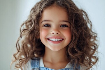 Fototapeta premium Kids Smile Dental. Portrait of Happy Girl with Confident Smile Displaying Teeth in Casual Attire