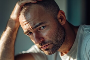 Obraz premium Mens Hair Loss. Portrait of a Worried Man Struggling with Alopecia