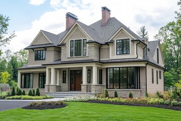 Neighborhood New Home Construction. Architectural Design and Building of Residential Houses