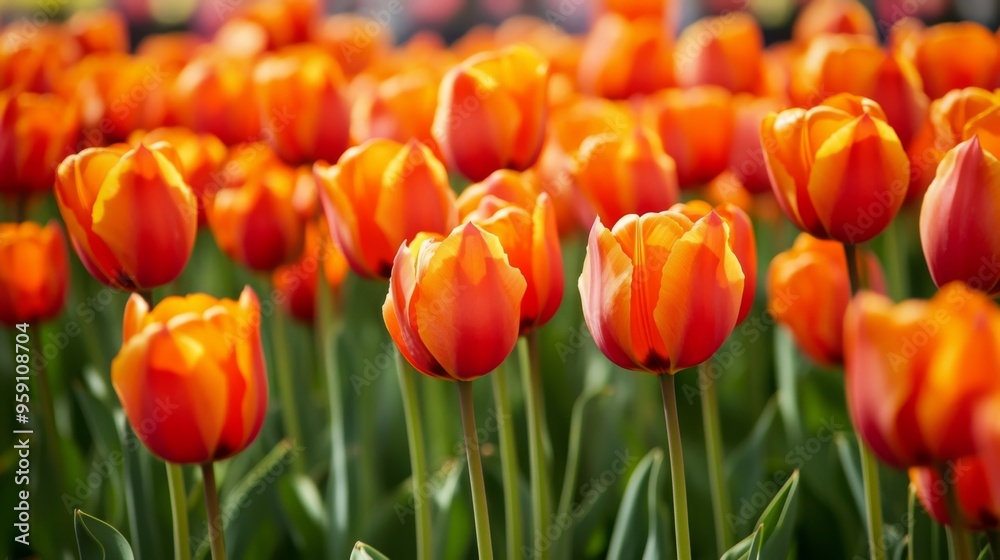 Poster a field of blooming orange tulips swaying gently in the breeze, with the bright flowers creating a c