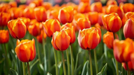 A field of blooming orange tulips swaying gently in the breeze, with the bright flowers creating a colorful and lively scene.