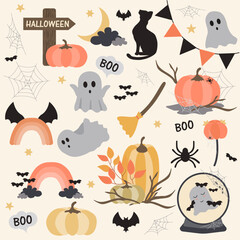 Cute Halloween set of elements with ghosts, clouds, pumpkins, spiders, bats