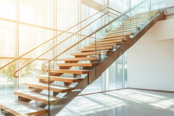 Fototapeta premium A glass staircase with a wooden railing, generative ai image