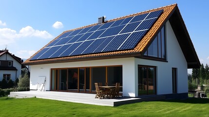 Fototapeta premium Modern eco-friendly house with large solar panel array on sloped roof surrounded by green lawn on sunny day