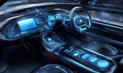 Futuristic Car Interior with Glowing Blue Interface