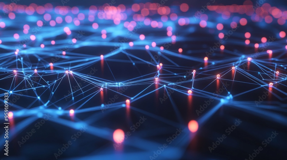 Poster A futuristic 3D graph with interconnected nodes and lines, showcasing a network of data and relationships in a digital, high-tech environment