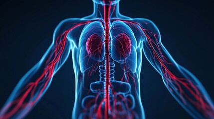 Detailed 3D Rendering of Human Circulatory System with Emphasis on Veins and Arteries, Ideal for Medical Science Concepts, Copy Space Available