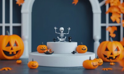 Halloween Decor with Jack-o-Lantern Pumpkins, Skeleton, and Skulls on White Pedestal.