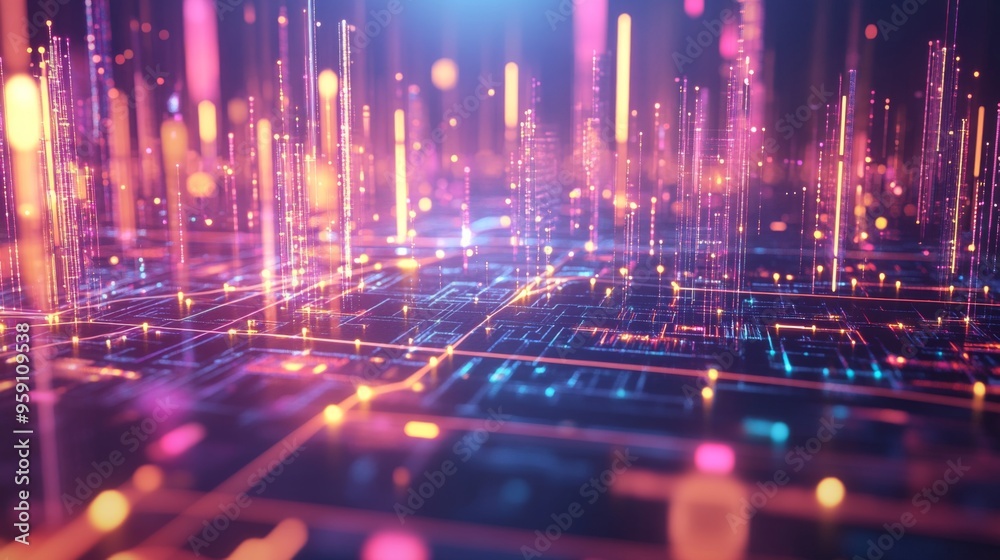 Poster A futuristic 3D graph with interconnected nodes and lines, showcasing a network of data and relationships in a digital, high-tech environment