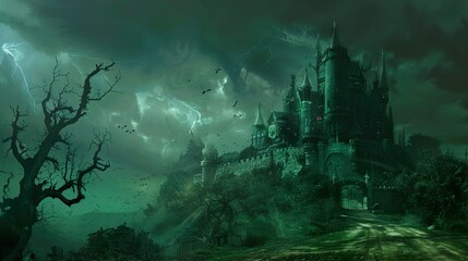 A spooky, dark and mysterious castle with bats flying above in a stormy night.