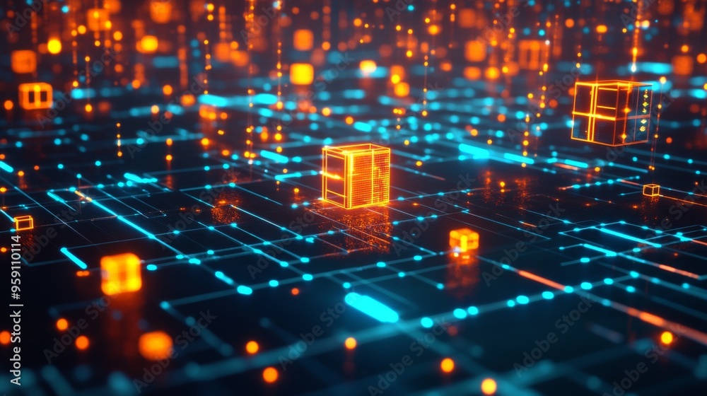 Fototapete A futuristic 3D heatmap with glowing cubes representing data intensity, displayed over a grid surface, emphasizing high-tech analytics and information flow.