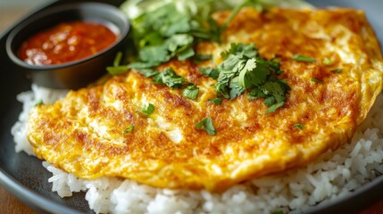 A golden omelette on a bed of rice shot up close, with crispy edges and soft center, served with a side of spicy dipping sauce.
