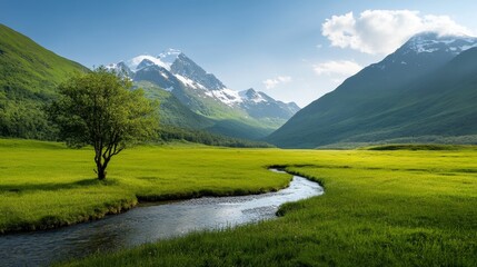 A tranquil valley with lush green grass, a winding river, and snow-capped mountains in the distance. The scene evokes a sense of peace, tranquility, and the beauty of nature.