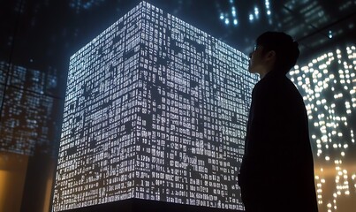 Fototapeta premium Silhouette of a Person Gazing at a Wall of Binary Code