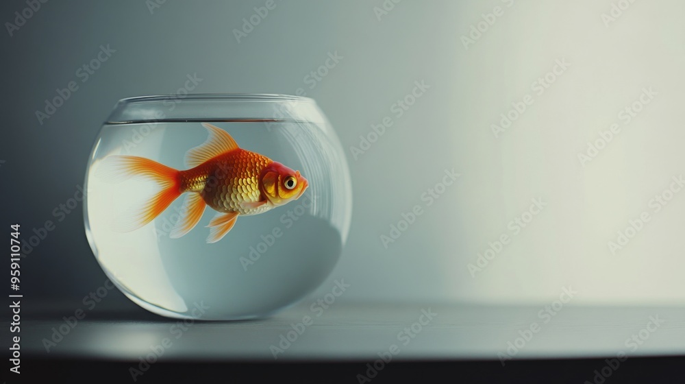Poster a goldfish in a small, elegant fishbowl with a minimalist setup, showcasing its bright orange color 
