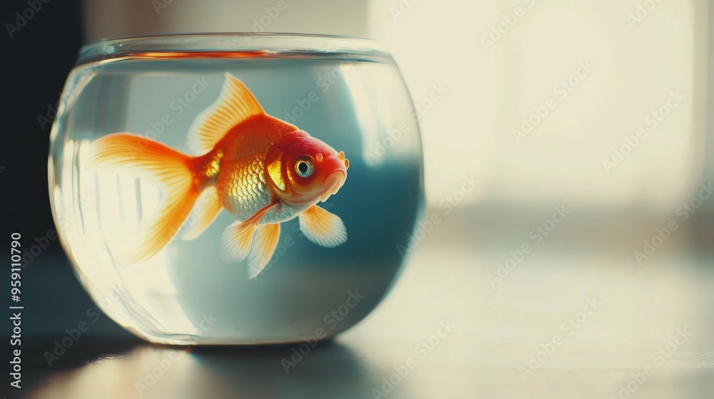 Poster a goldfish in a small, elegant fishbowl with a minimalist setup, showcasing its bright orange color 