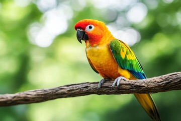 A vibrant parrot with red, orange, yellow, green, and blue feathers is perched on a branch, with a blurred green background. The parrot's beak is black, and its eyes are bright and alert.