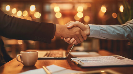 Two people shaking hands in a professional business setting. Symbolizing agreement, partnership, and success in negotiations or teamwork. Ideal for business, corporate, and agreement concepts. 
