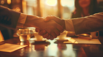 Close-up of a handshake between two professionals, symbolizing partnership, success, and business agreements. Ideal for corporate, teamwork, and negotiation themes in the business world. 