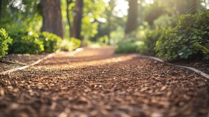 Close-up of a brown mulch pathway in a park, surrounded by green plants and trees with sunlight filtering through.