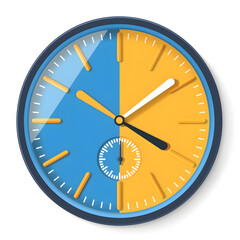 A furniture piece in the shape of a rectangle houses a quartz clock with an analog watch display showing half past two. The electric blue font contrasts with the yellow and blue color scheme