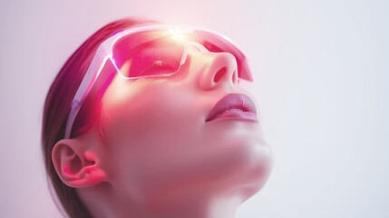 Stunning Portrait of a Young Woman with Transparent Futuristic Augmented Reality Glasses Glowing Red Eyes in Pink Background