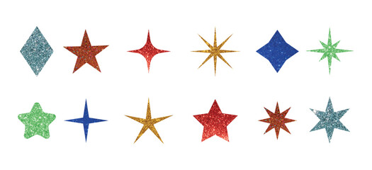 Glitter sparkle colorful textured irregular stars set vector illustration