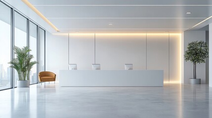 Fototapeta premium Modern office reception area with stylish furniture, large windows, greenery, and a clean, minimalist design.