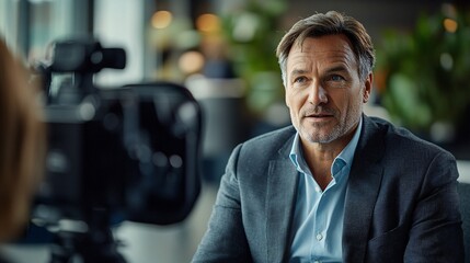 Fototapeta premium Business Interview: Professional Journalist Conducting Interview with Businessman in Office Setting with Camera on Tripod in Foreground